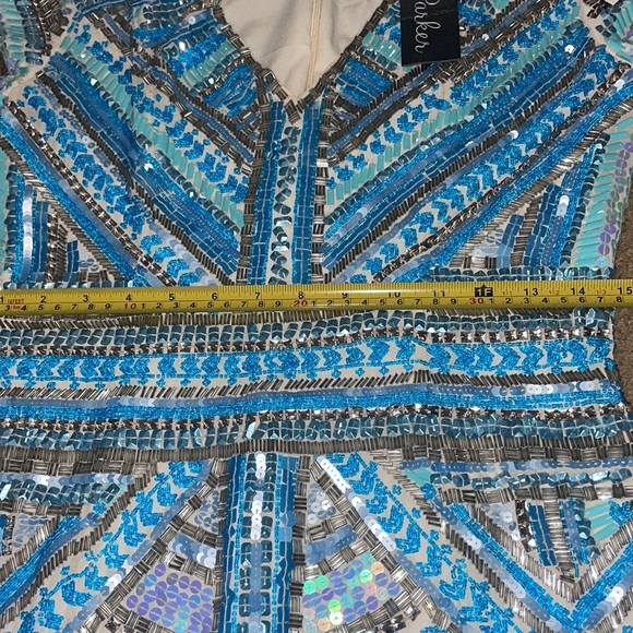 NWT Parker heavily beaded embellished sequin  vneck turquoise blue mini dress - Picture 10 of 12